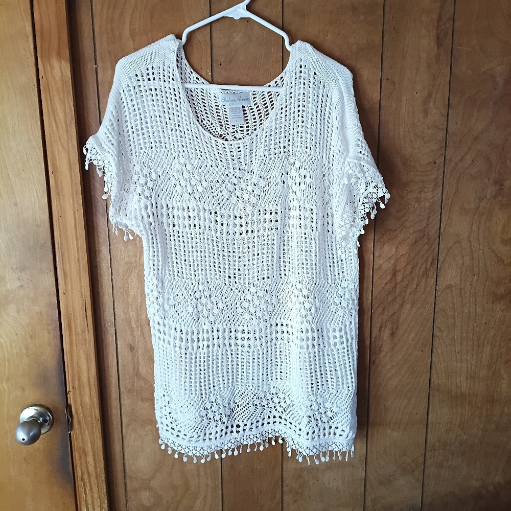 Fashion Avenue White Mesh Crochet Cover Up Top Size L Boho Beach Swim